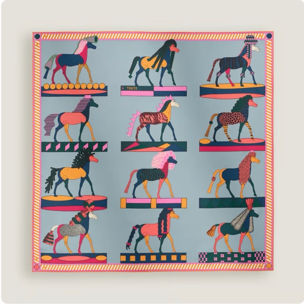 Hermes “A Toute Allure” Silk scarf 90, Gris Bleuté / Safran / Rose New/Receipt